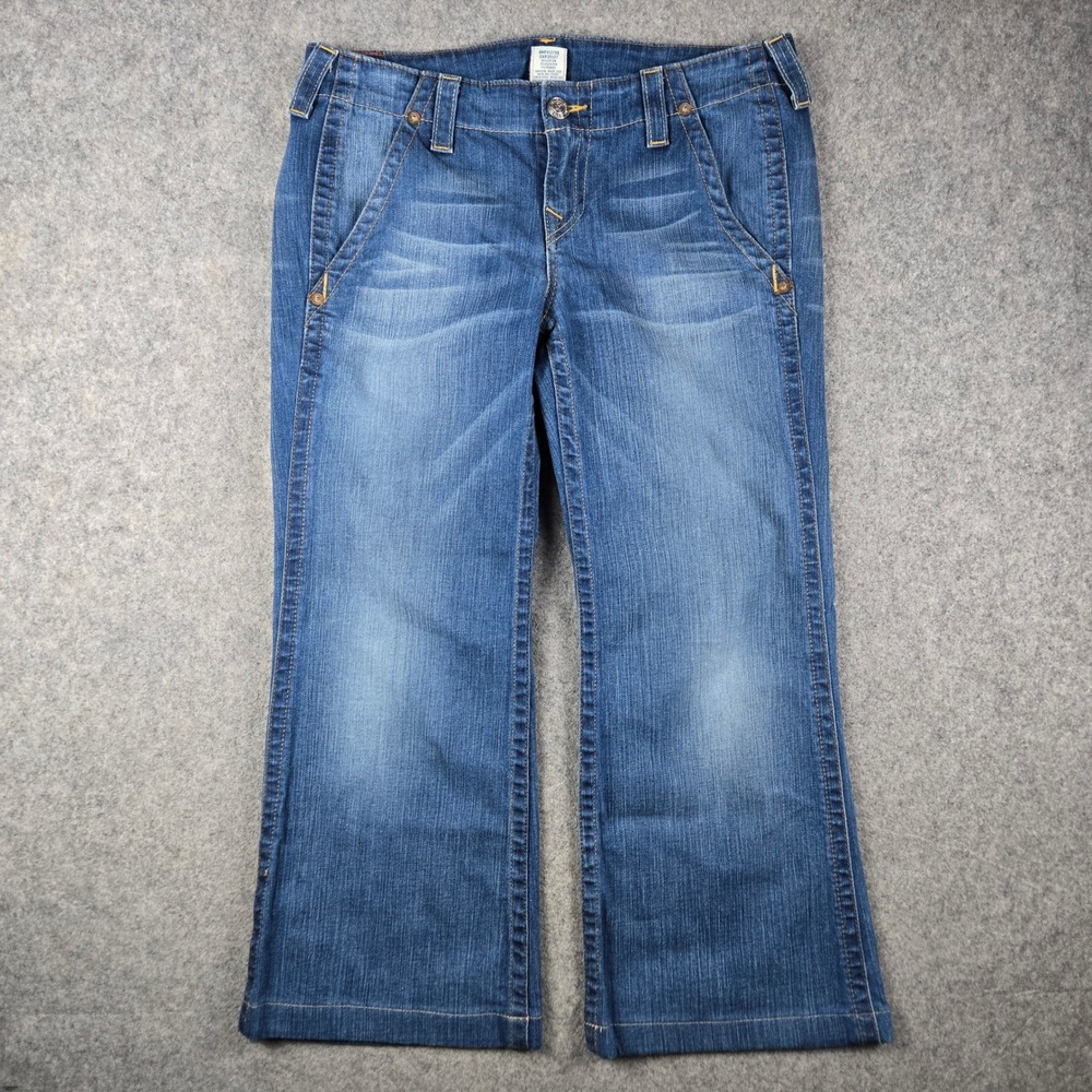 Vtg True Religion Sammy Jeans Womens 32 (Fit 35x26) Blue Flare Crop Grunge Y2K